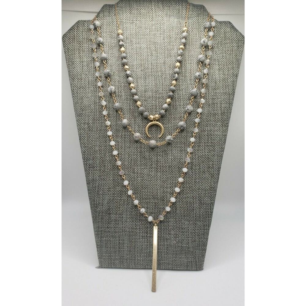 Celestial Crescent Goldtone 3 Strand crystal and Gray Stone Station Necklace